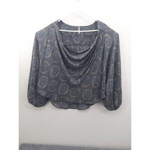 Free People Top Women Medium Gray Cowling Around Medallion Print Blouse Flowy